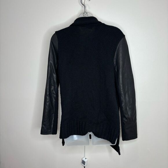 Vince. Lamb Leather Sleeve Draped Wool Sweater Jacket Slate Grey black small - Picture 4 of 7